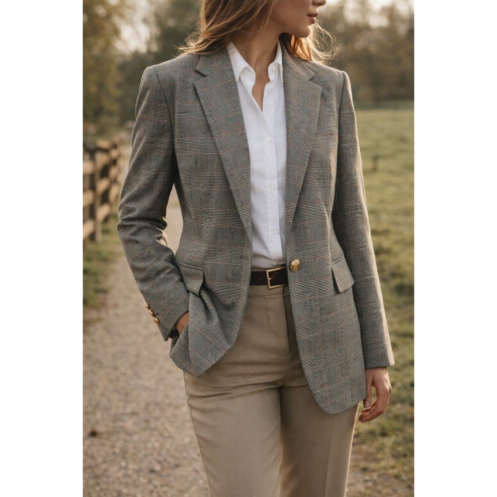 Lauren Ralph Lauren Equestrian Glen Plaid Gold Crest Blazer 12 NWT